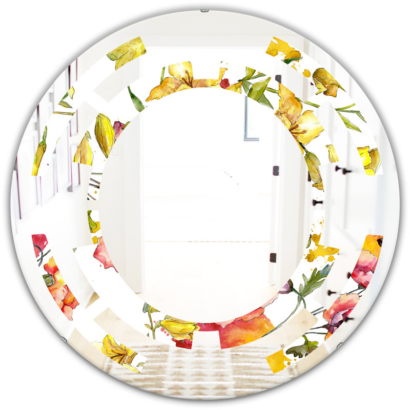 Miroir mural à motif géométrique et à motif patchwork, 31,5 po x 31,5 po, Coquelicots dessinés à la main Space IV