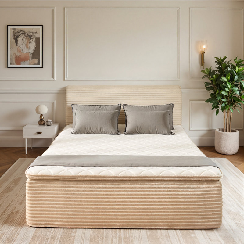 Compression Packed All-in-one Plush Upholstered Platform Bed With Built-in Foam Mattress, Full, Beige, Full