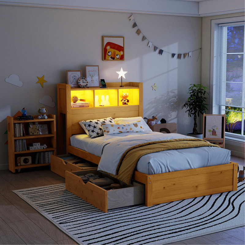Platform Bed With Drawers, Wood Bed With Storage Headboard And Pull Out Storage Cabinet, Wood Bed With Light And Socket, Twin