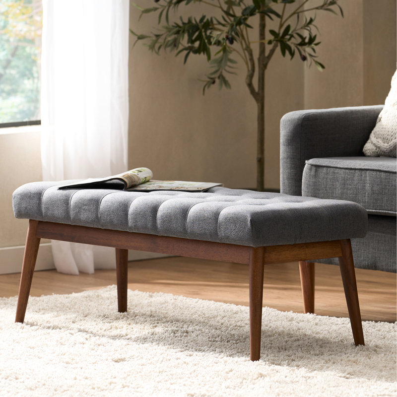 Grey Fabric For Living Room Decoration - , Buttoned, Rubberwood Legs, Walnut Finish Area With Mid Century Style,