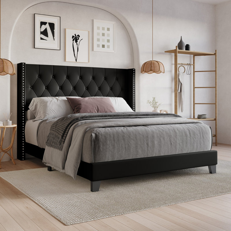Aireanna Vegan Leather Wingback Bed, Black, King
