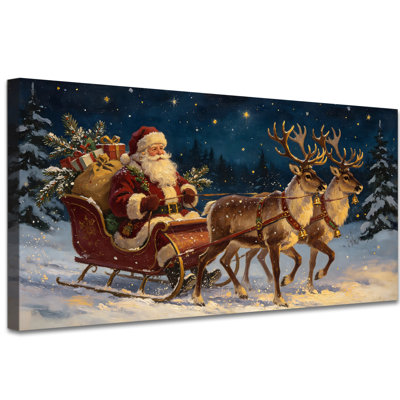 Tableau de Noël sur toile, de style rustique, représentant le traîneau du Père Noël et des rennes sous la neige, une scène sereine et enneigée. Décoration murale festive pour le salon, la chambre ou le foyer, 30 x 60 cm.