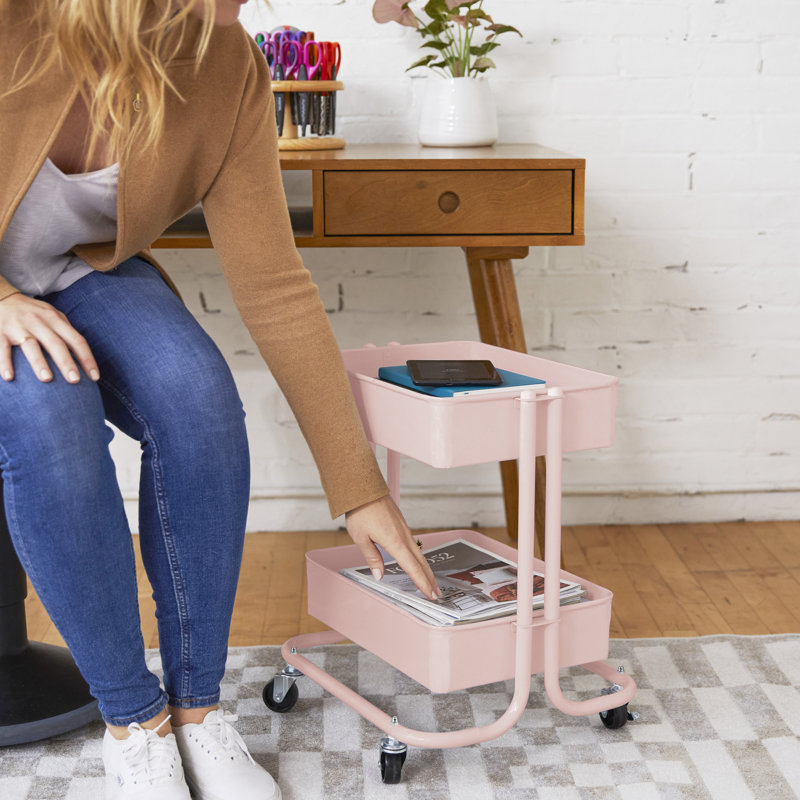 ECR4Kids Pink 2-Tier Metal Rolling Utility Cart