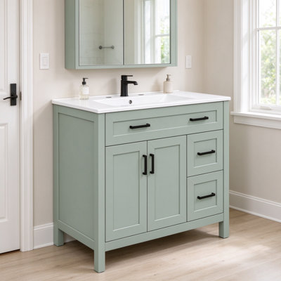 Meuble-lavabo autoportant de 36 pouces avec lavabo en céramique, structure en bois massif et armoire en panneau de fibres à densité moyenne, portes et tiroirs à fermeture en douceur, 2 portes, 2 tiroirs, 1 tiroir rabattable, quincaillerie noire