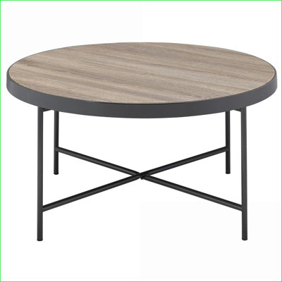 Industrial Round Coffee Table, Weathered Grey Oak & Black – Stable X-Support & Ample Surface for Living Room