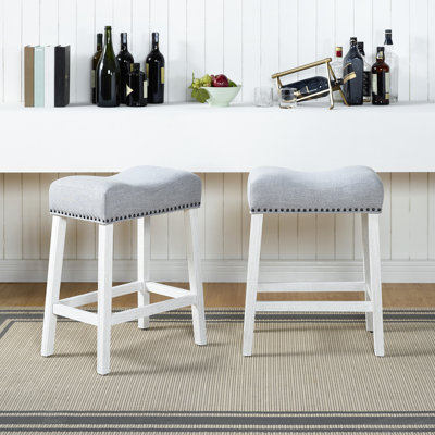 Tabouret à hauteur de comptoir de 2 - siège de selle, blanc lavé, housse de siège en tissu gris 2 avec revêtement en tissu
