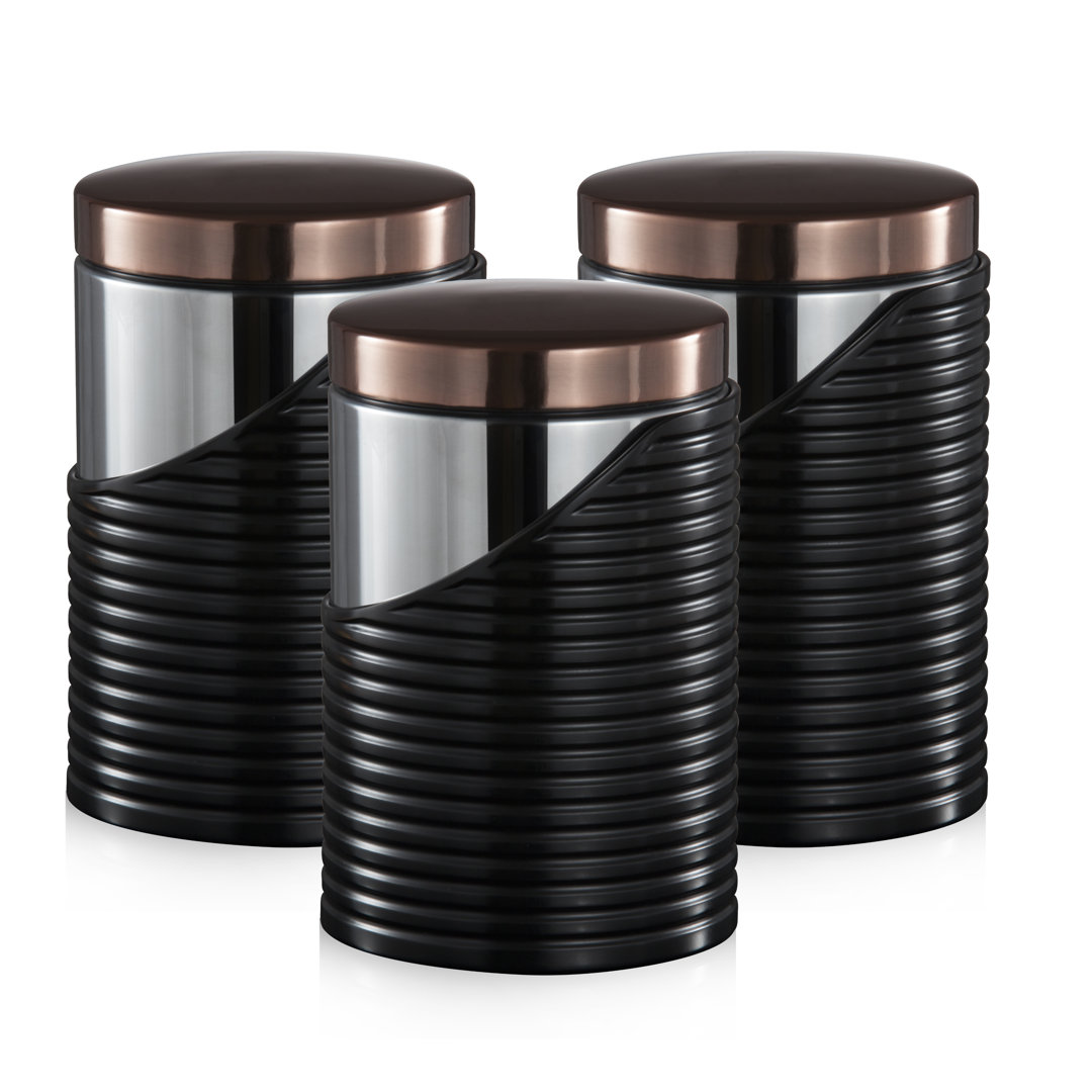 Tower 3 Piece Stainless Steel Black Storage Canisters | T826001RB | Black, Rose Gold | 11.6 x 11.6 x 17 cm