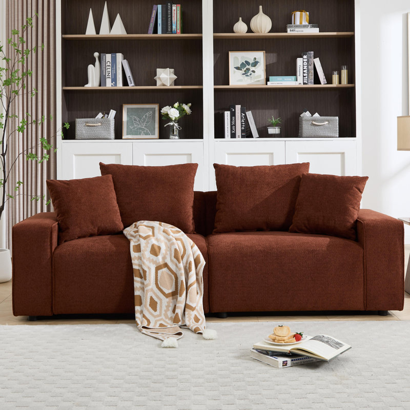 88.58''W Uphostery Sofa With Square Arm, Brown Polyester Blend