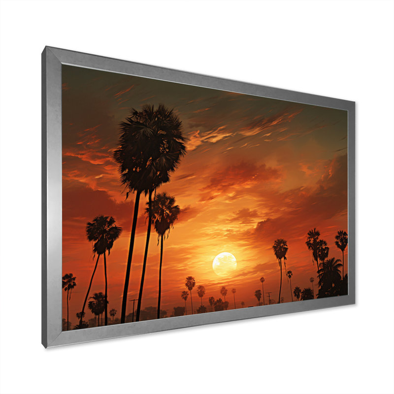 " Sunset With Palm Trees ", Silver Picture Framed, 16" H x 32" W x 1" D