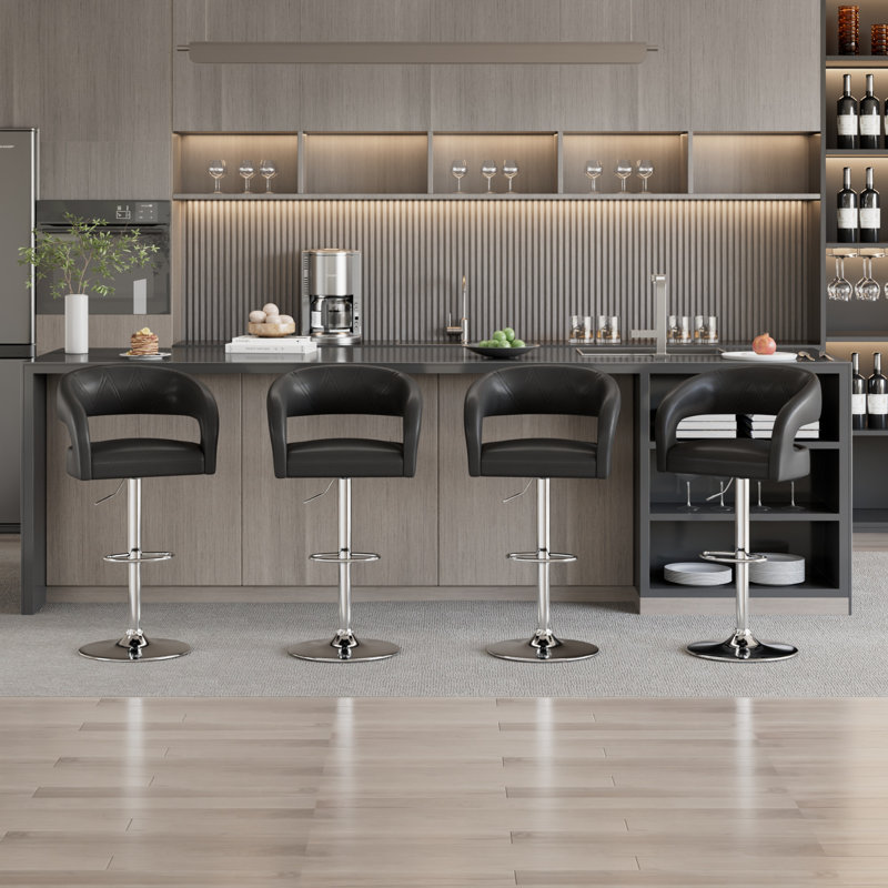 George Set of 4 Adjustable Bar Stools with Backs Arms, Modern PU Leather Swivel Counter Height Stools with Footrest, Kitchen Island Chairs for Dining Room, Home Bar, Cafe, Black