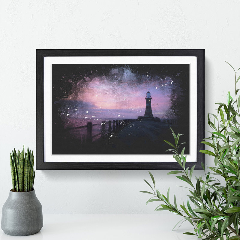 Lighthouse at Sunset - Picture Frame Graphic Art, 65cm H x 90cm W x 2cm D, Black Framed