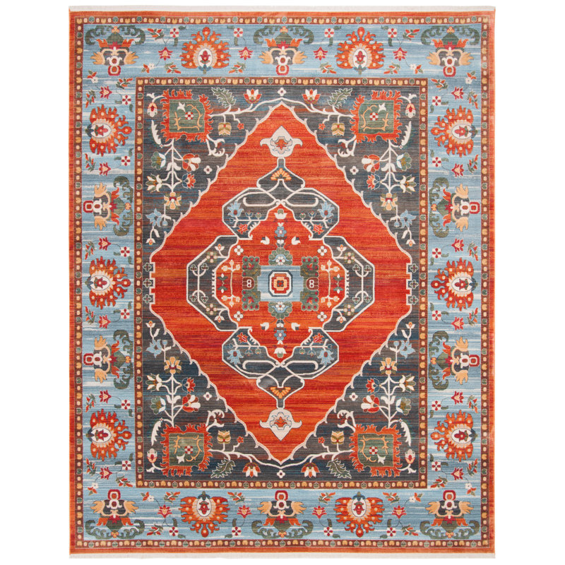 Tapis rouille / bleu en coton persan Preble, Rectangle 9 pi x 11 pi 7 po