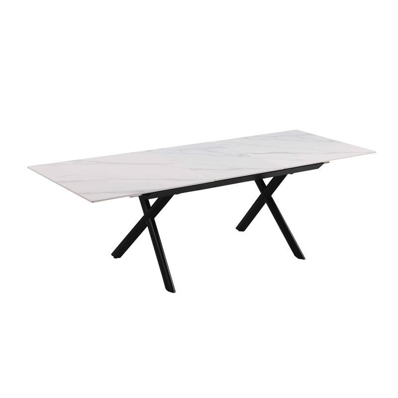 Contemporary White Marbleized Glass Extendable Dining Table with Black Steel Base