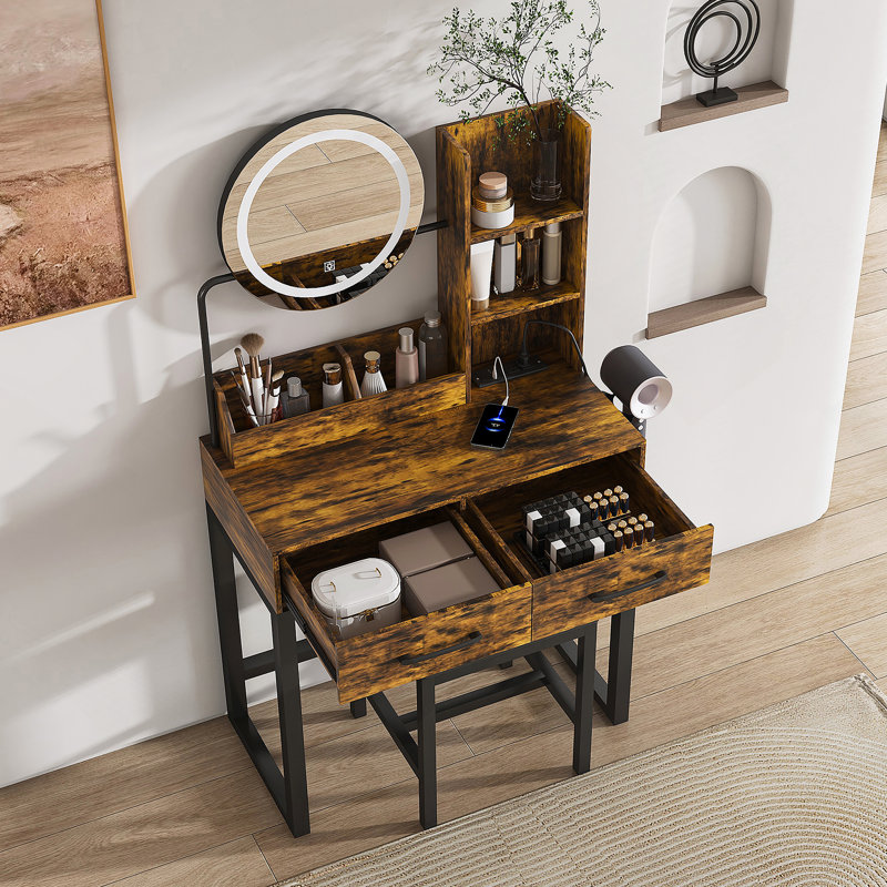 Makeup Vanity With LED Lights&3 Color And Power Outlet Makeup Vanity Table With 2 Big Drawers With Sturdy Metal Leg And Metal Chair ,Dressing Table For Bedroom