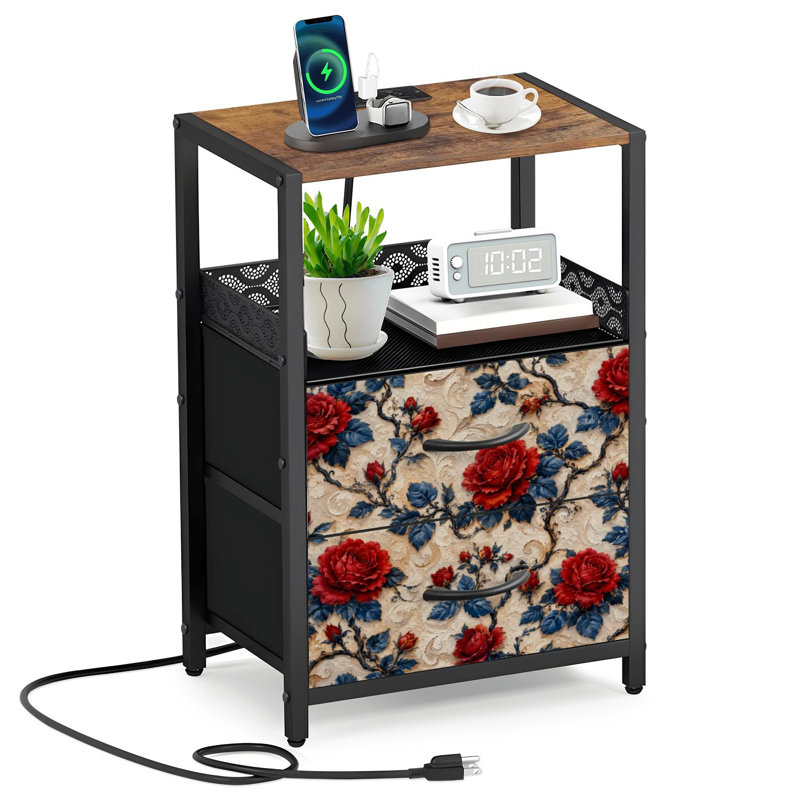 Table de chevet 2 tiroirs en tissu avec station de charge Red Roses