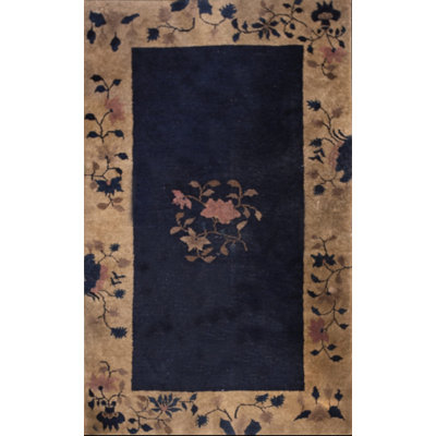 1920s Chinese - Art Deco Knotted Antique Small Scatter Size Blue Rectangle Wool Rug