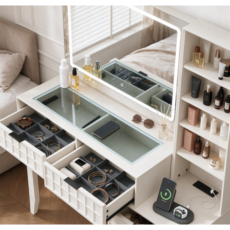 Dressing table, large glass countertop dressing table with LED mirror and built-in power supply, White