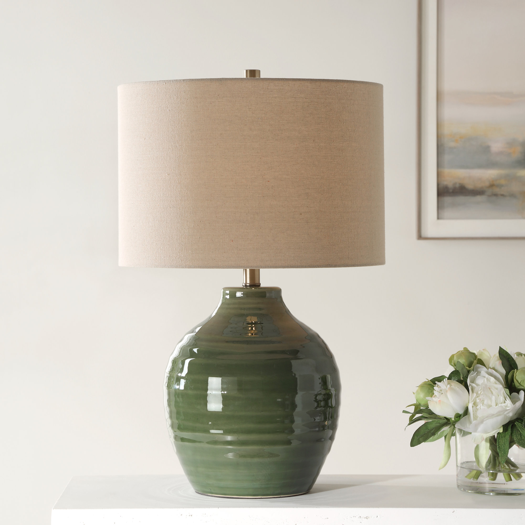Jolia Ceramic Table Lamp, Green, 23" H x 15" W x 15" D