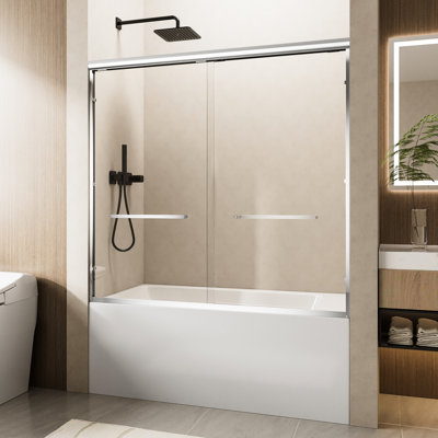 Porte de douche coulissante double à fermeture en douceur de 60 po x H 57 po avec finition, verre trempé épais de 1/4 po, deux poignées en acier inoxydable, réversible pour économiser de l'espace, conception de salle de bain magnétique