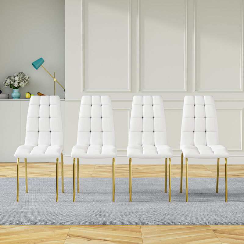 Glass Top Metal Base Dining Table With 4 Upholstered Dining Chairs,5 - Piece Pedestal Dining Set, Gold, White/Gold