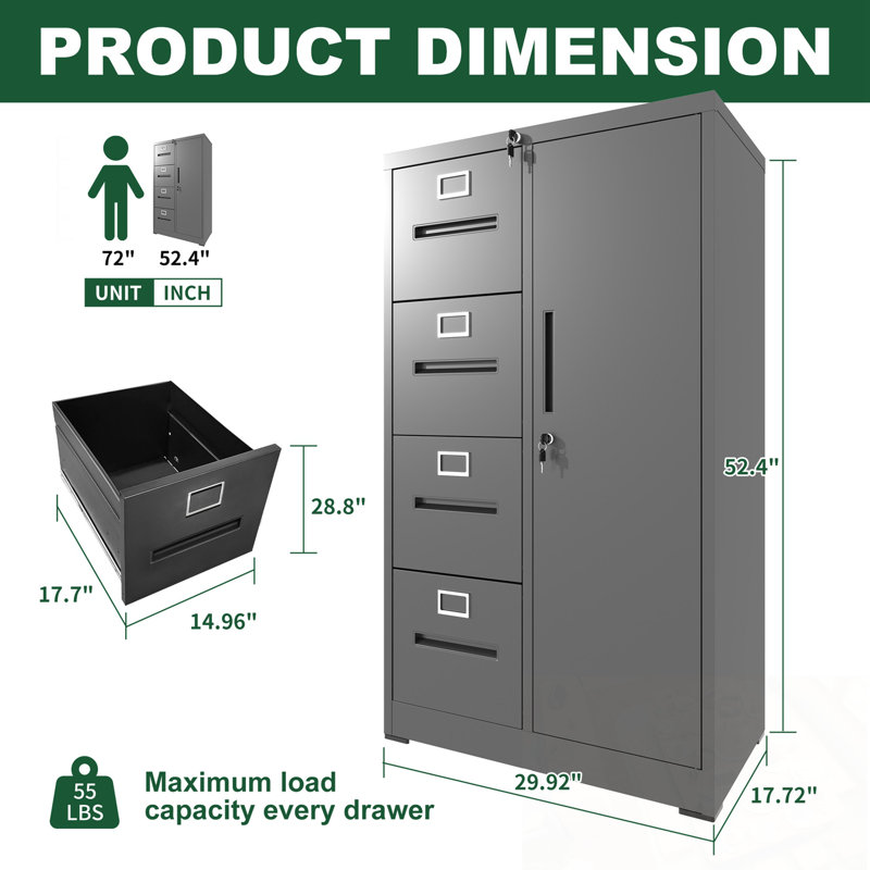 Metal Storage Filing Cabinet with Lock, 4 Drawers and 1 door, Black
