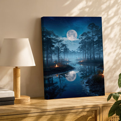 Toile, "Mystical Swamp Scene Illuminated By A Full Moon Casting", art lueur argentée sur l'eau