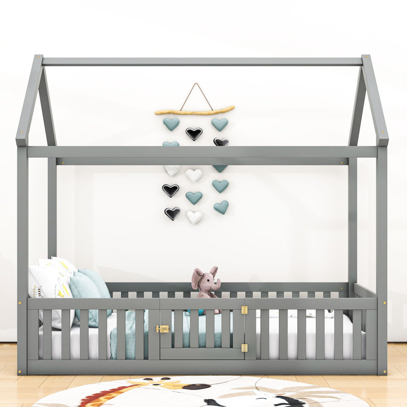 Lit simple en bois avec clôture Dasan, gris