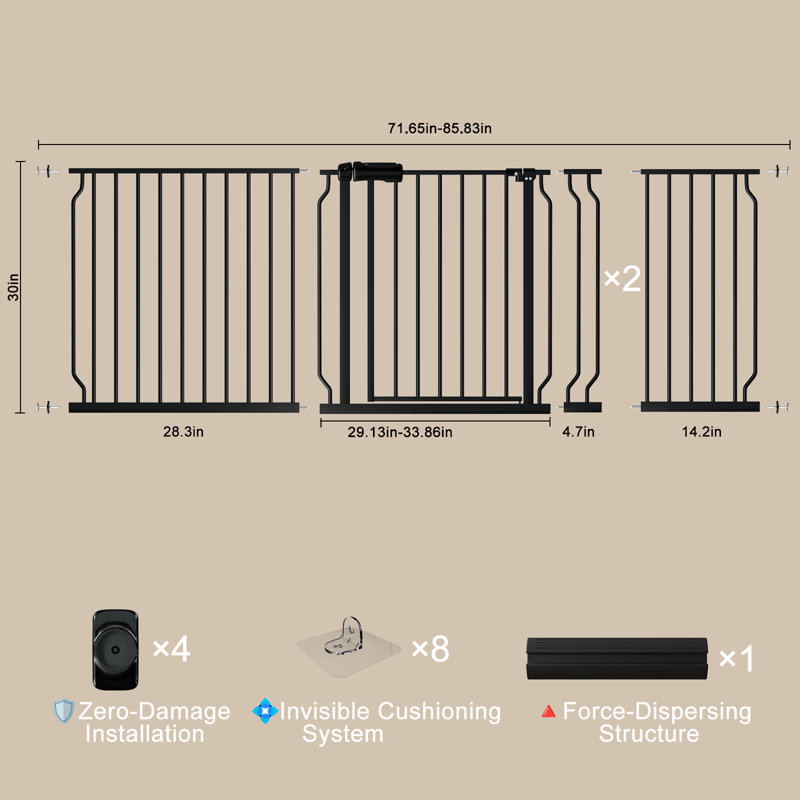 Barrière de sécurité extra large à fermeture automatique pour animaux de compagnie - fixée à la pression, réglable de 71,7 po à 85,8 po - noire pour portes / escaliers, résistante aux animaux de compagnie
