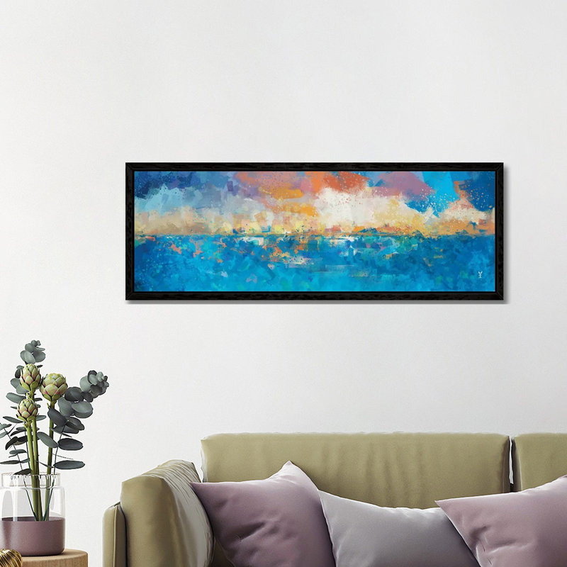 Sunset Seascape I 1 Piece Panoramic Painting on Canvas, 40.64cm H x 121.92cm W x 3.81cm D, Black Framed