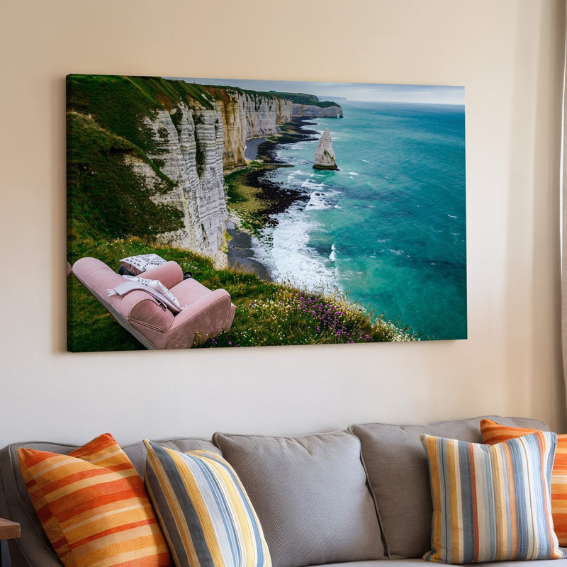 Toile, "Une scène côtière à couper le souffle avec des falaises dramatiques s'élevant brusquement à partir d'un art mural turquoise vibrant avec des vagues"