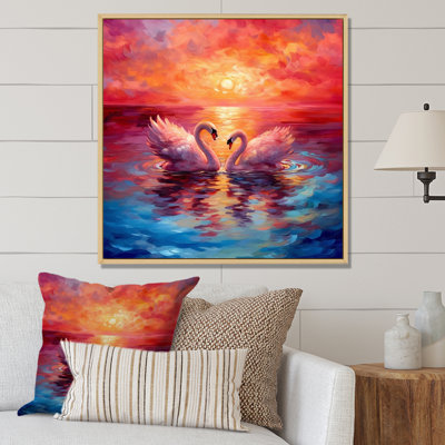 Swans In Love Reflection At Majestic Sunset