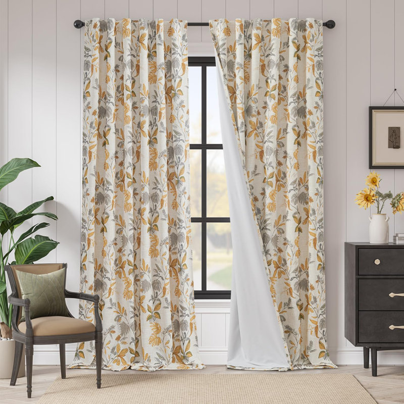 Linen Blend Leaf Print Blackout Curtains for Living Room, Yellow, 50" W x 96" L