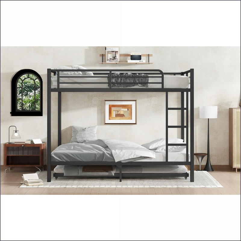 Full Over Full Metal Bunk Bed with Twin Trundle, 500LBS Max Capacity, Black - No Box Spring Needed, Full