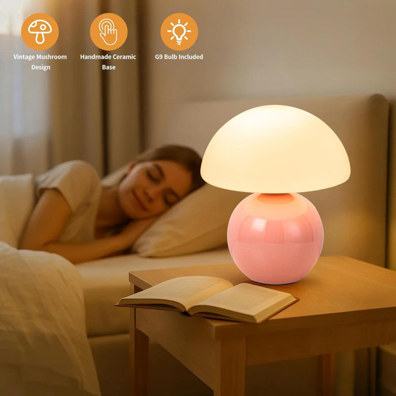 Lampe de table champignon en céramique avec abat-jour en verre laiteux Lampe de chevet à intensité variable rétro pour chambre à coucher