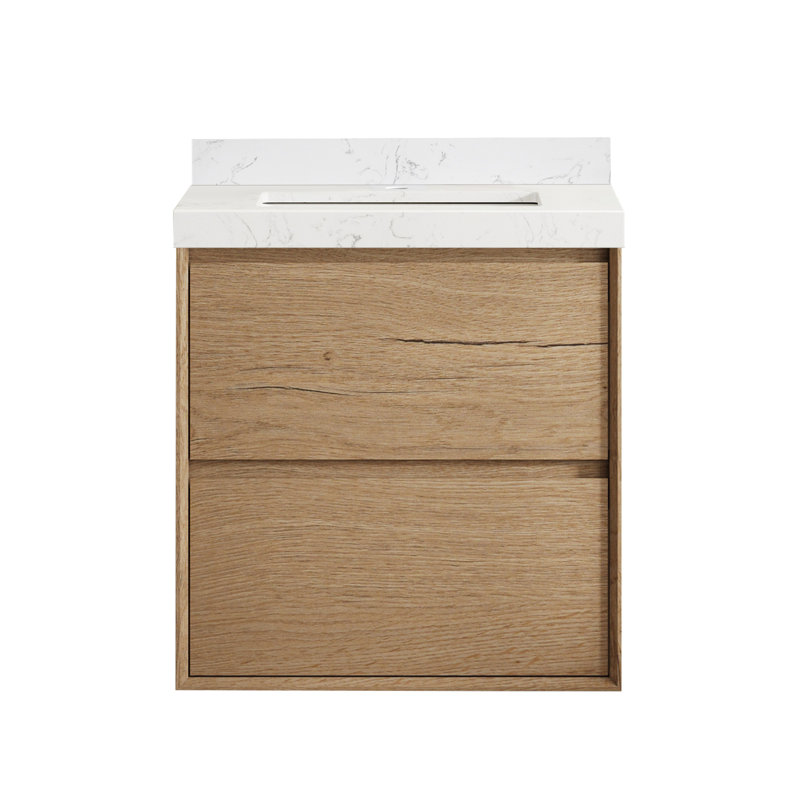 Wall-mounted Single Bathroom Vanity With Carrara White Engineered Stone Top And Ceramic Sink, 24"