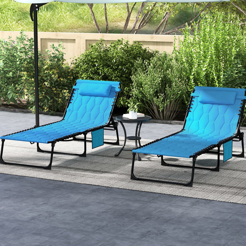 5 Degree Outdoor Chaise Lounge , Padded Seat, Side Pocket & , Foldable For Patio, Yard, Beach, Blue Folding Beach Sun Chair With 5-Level Reclining,