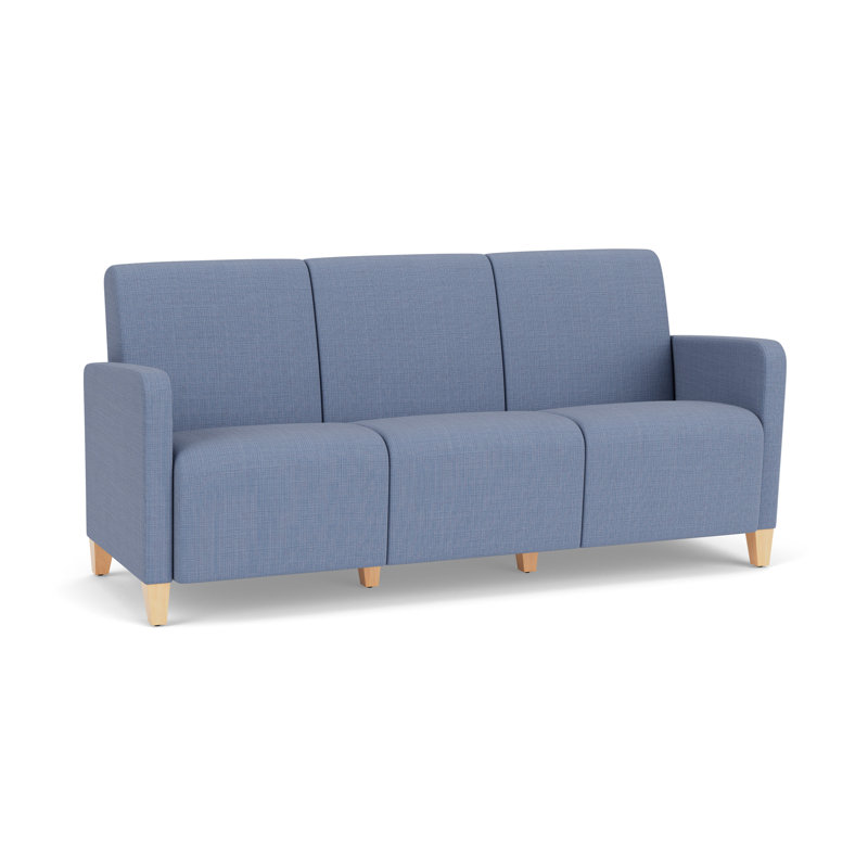 Fauteuil de réception 3 places Ravenna, Bois naturel, Chambray bleu marine clair