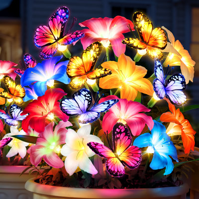 Lumières solaires de jardin, lumières solaires à fleurs avec 5 têtes de lis plus grandes et décor de papillon oscillant, lumières solaires imperméables IP65 pour l'extérieur, lumières décoratives pour jardin, patio, jardin, parterre de fleurs