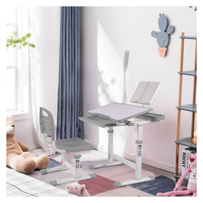 Modern Kids Desk and Chair Set with Adjustable Height, Grey and White Study Table for Children
