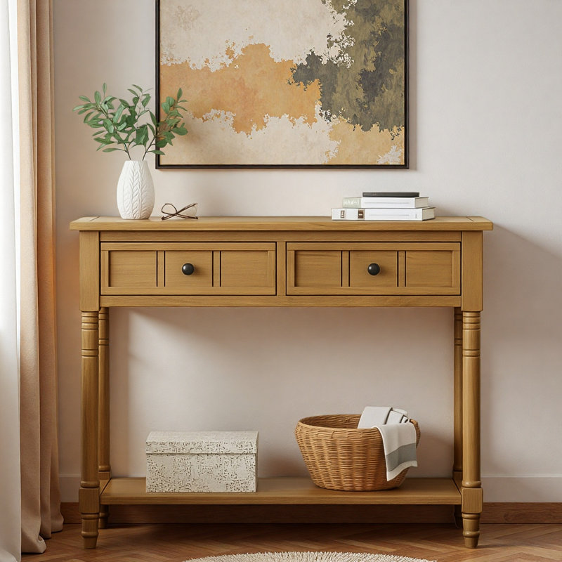 Console étroite Farmhouse avec 2 tiroirs et tablette inférieure, Naturel