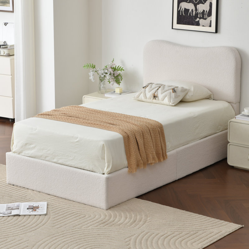 Lit plateforme tapissier Bensu Boucle, Simple, Blanc