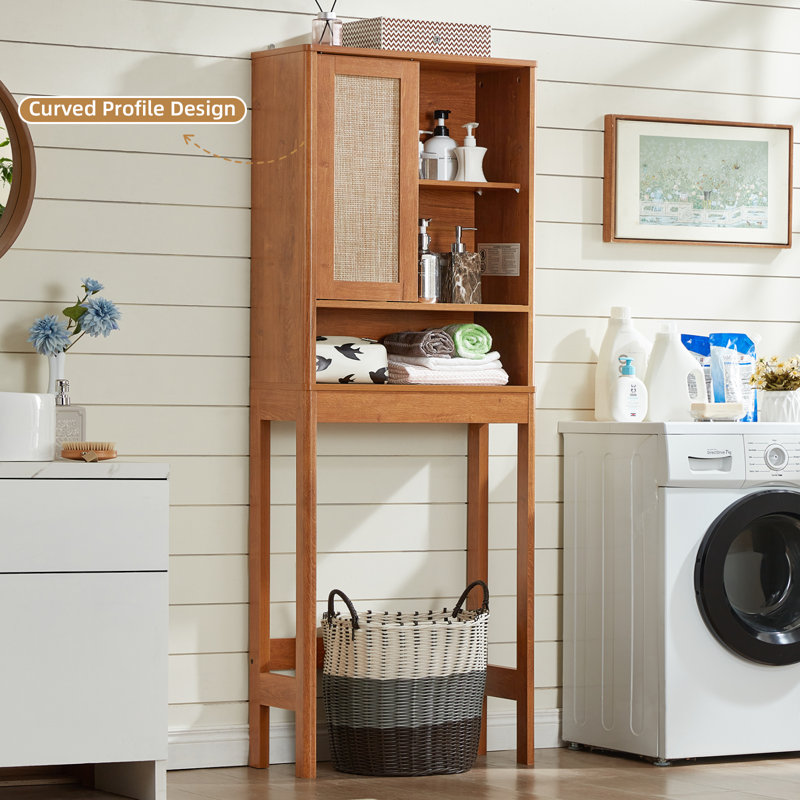 Over The Toilet Storage Cabinet With Rattan Sliding Door, 68" Tall Wood Above Toilet Bathroom Organizer W/Adjustable Shelf & Curved Profile, Space Saver Freestanding Washer Shelf
