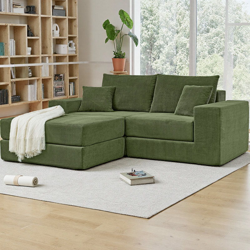 L-Shaped Sofa with Removable Ottoman, Deep Seat and Throw Pillows, Green Corduroy