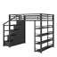 Lit mezzanine double en métal avec tablettes de rangement, garde-robe et armoires
