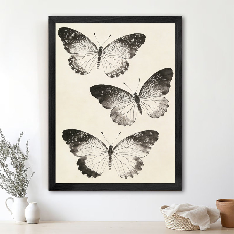 Art mural papillon noir, aquarelle encadrée de style rétro, H 25 po x l 17 po