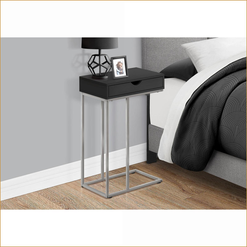 Table basse en forme de C pour économiser de l'espace Chambre à coucher, plateau en stratifié blanc avec cadre en métal noir Tiroir de rangement