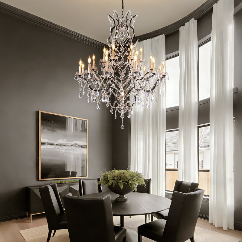 25-Light Large Modern Maria Theresa Crystal Chandeliers, Matte Black