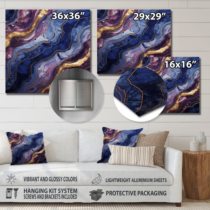 Essence de marbre abstraite bleue et dorée IV - décoration murale en marbre, H 16 po x l 16 po
