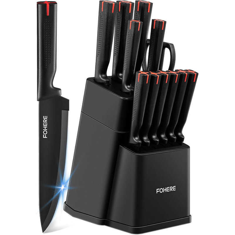 FOHERE 13 Pieces Knife Set with Block Kitchen Knive Sets with Built-in Sharpener Sharp Knife,Black