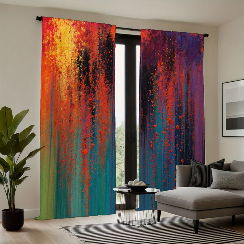 2Pcs Abstract Rainbow Splash Paint Curtains, Rod Pocket Sun Blocking, Modern Style, All-Season For Living Room Bedroom Study Window Decor